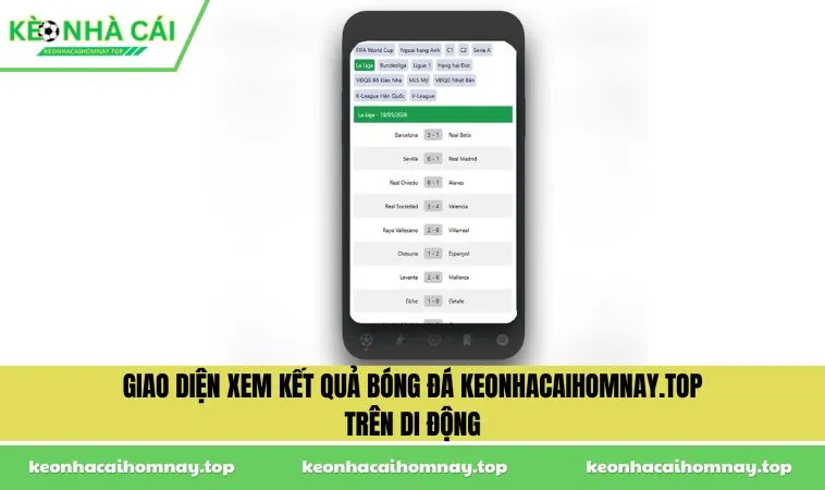Giao diện xem kết quả bóng đá keonhacaihomnay.top trên di động